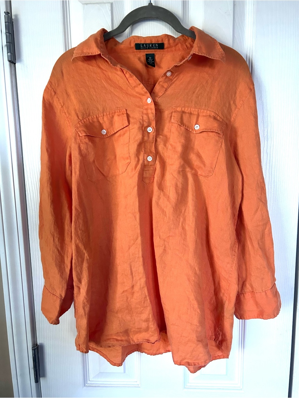 Lauren Ralph Lauren 100% Linen Orange Pullover Shirt Size Medium